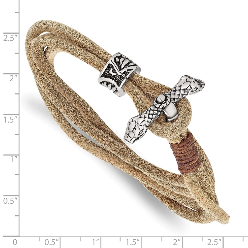 Alternate view of the Stainless Steel, Tan Suede Leather Snake Wrap Bracelet, 16 Inch by The Black Bow Jewelry Co.