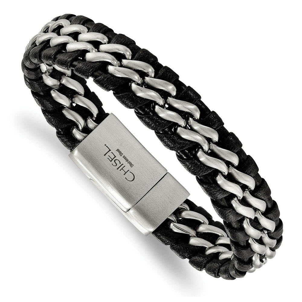 Alternate view of the 14mm Stainless Steel & Black Leather Brushed Link Bracelet, 8.5 Inch by The Black Bow Jewelry Co.
