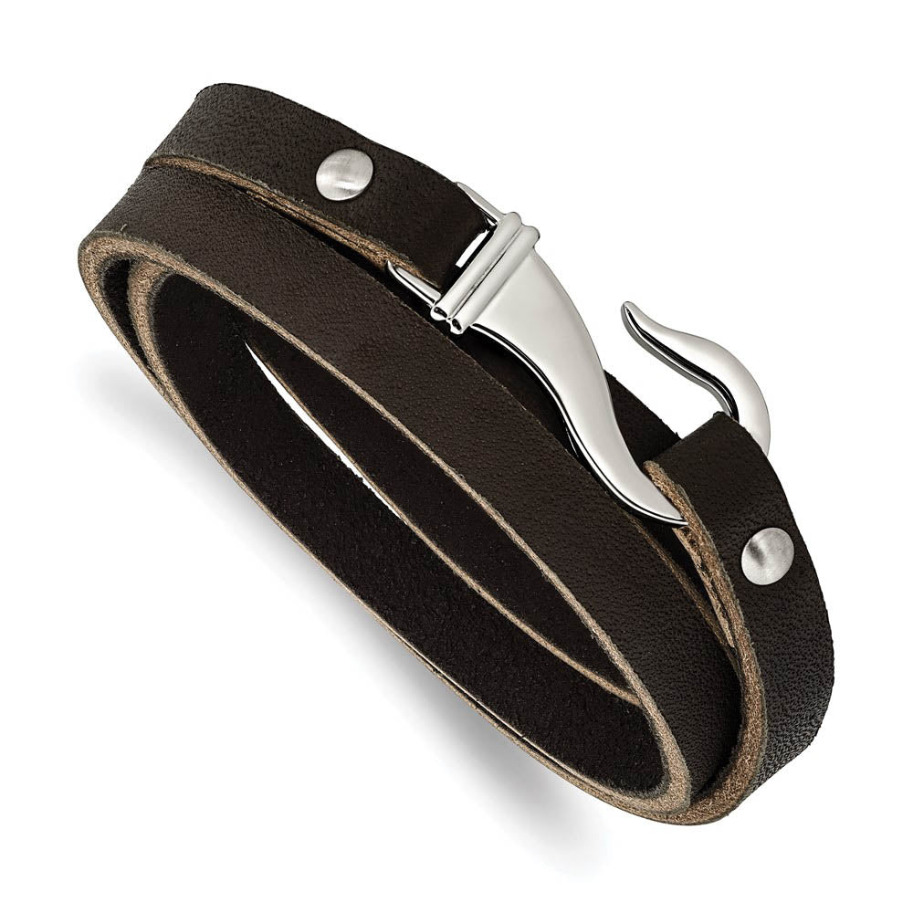 7mm Stainless Steel & Black/Brown Leather Wrap Bracelet, 24 Inch, Item B18570-BLK by The Black Bow Jewelry Co.