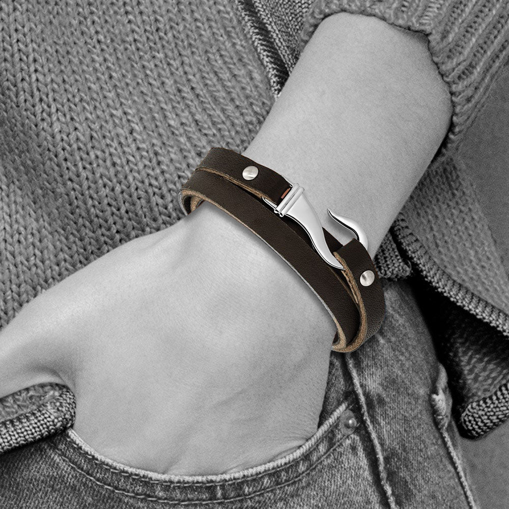 Alternate view of the 7mm Stainless Steel &amp; Black/Brown Leather Wrap Bracelet, 24 Inch by The Black Bow Jewelry Co.