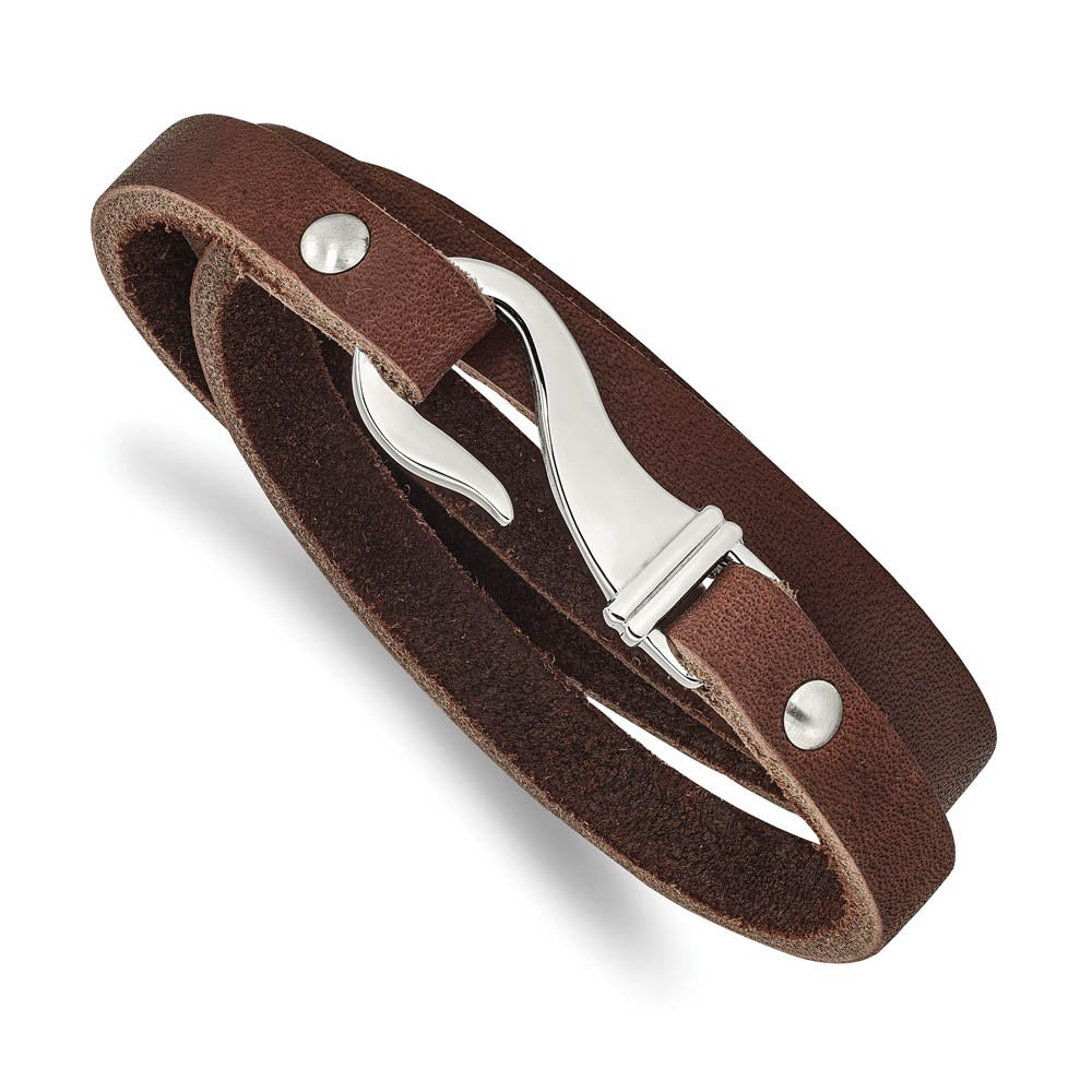 7mm Stainless Steel & Brown Leather Wrap Bracelet, 24 Inch, Item B18570-BRN by The Black Bow Jewelry Co.