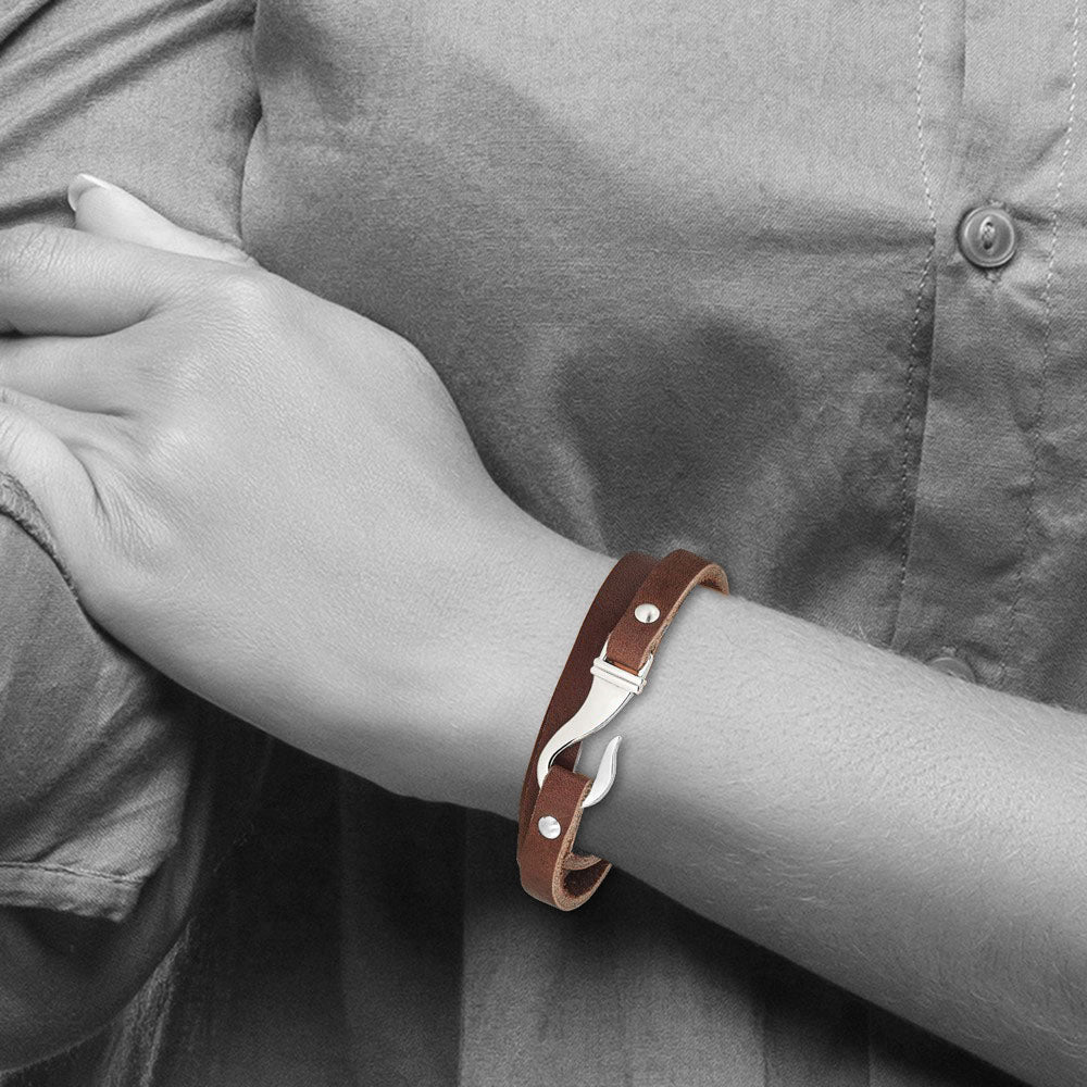 Alternate view of the 7mm Stainless Steel &amp; Brown Leather Wrap Bracelet, 24 Inch by The Black Bow Jewelry Co.