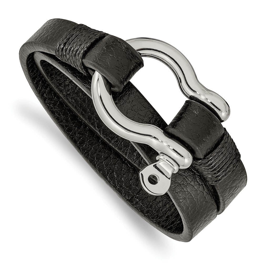 Stainless Steel, Black or Brown Leather Shackle Wrap Bracelet, 16 Inch, Item B18571 by The Black Bow Jewelry Co.