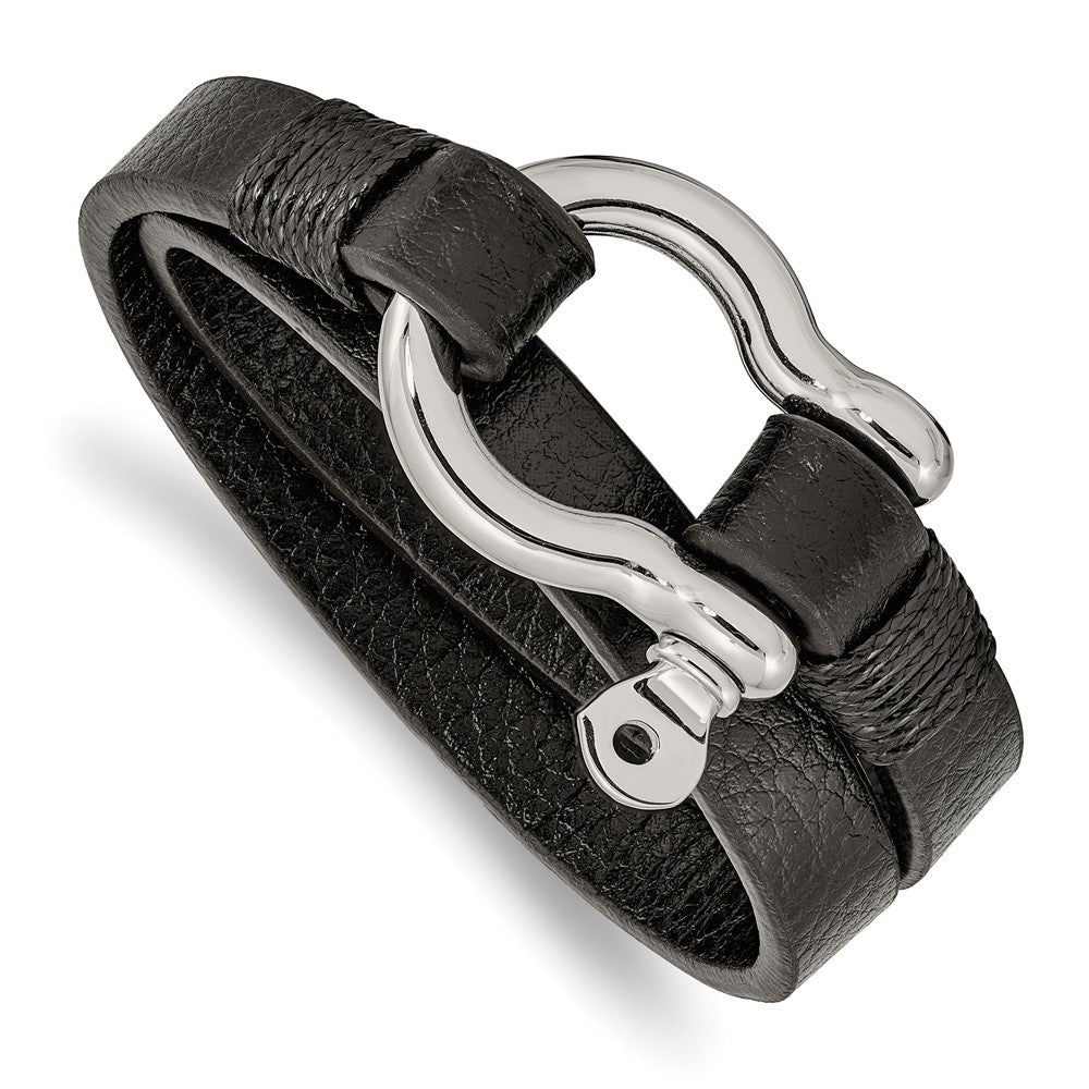 Stainless Steel &amp; Black Leather Shackle Wrap Bracelet, 16 Inch, Item B18571-BLK by The Black Bow Jewelry Co.