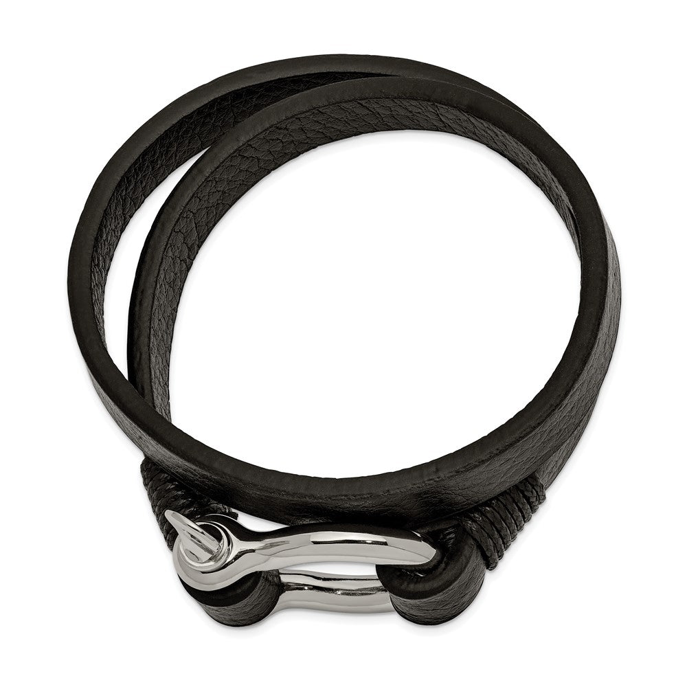 Alternate view of the Stainless Steel &amp; Black Leather Shackle Wrap Bracelet, 16 Inch by The Black Bow Jewelry Co.