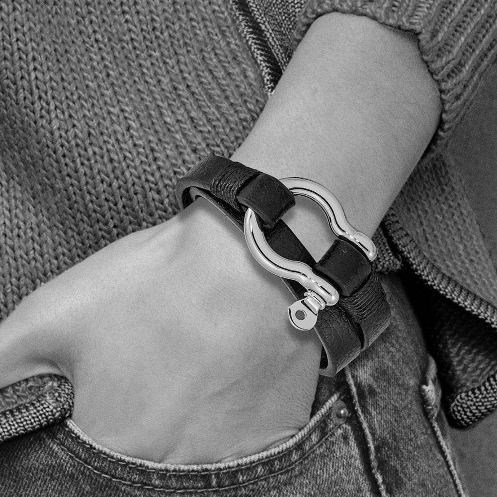 Alternate view of the Stainless Steel, Black or Brown Leather Shackle Wrap Bracelet, 16 Inch by The Black Bow Jewelry Co.
