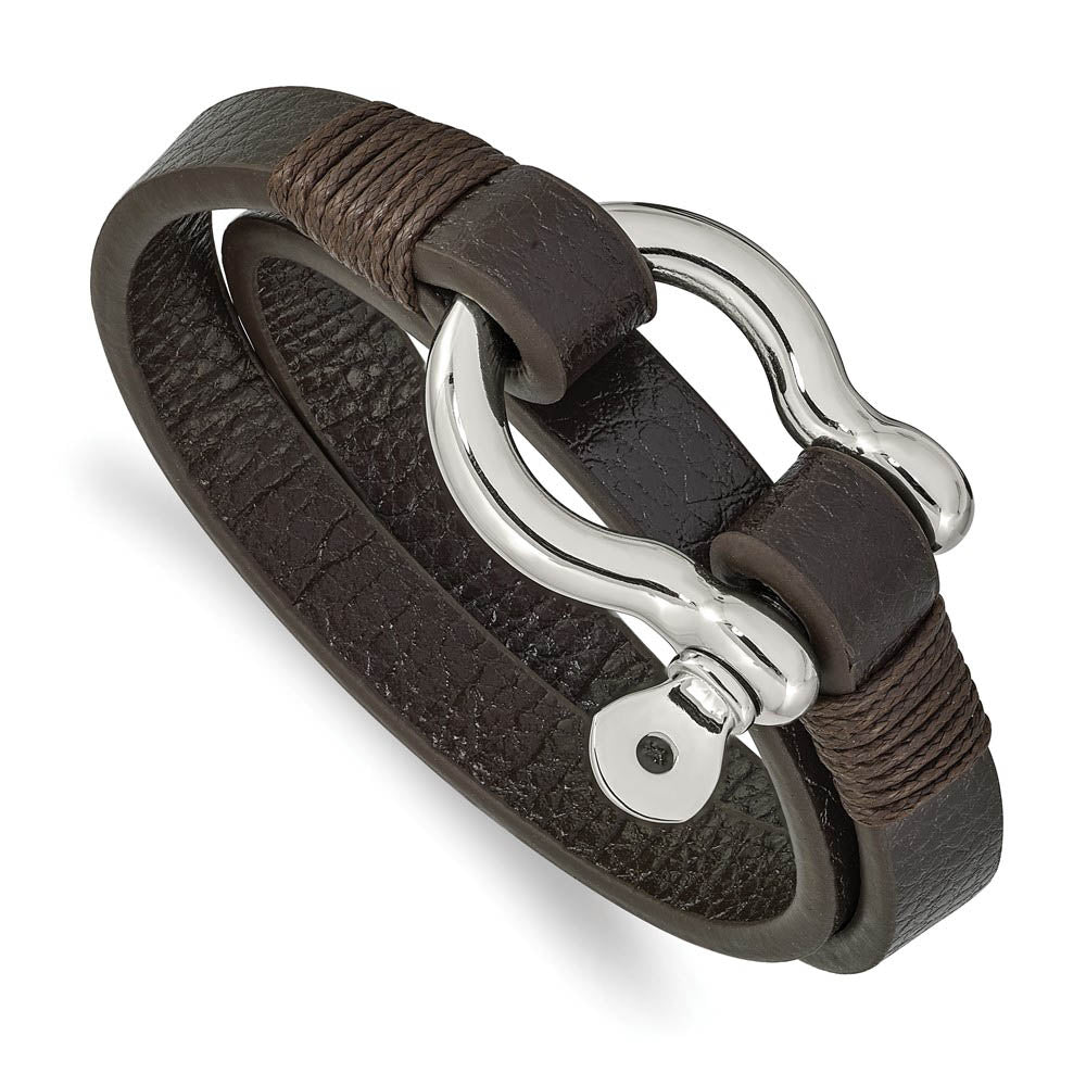 Stainless Steel & Brown Leather Shackle Wrap Bracelet, 16 Inch, Item B18571-BRN by The Black Bow Jewelry Co.