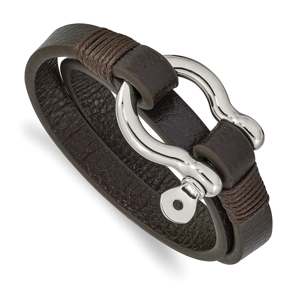 Stainless Steel &amp; Brown Leather Shackle Wrap Bracelet, 16 Inch, Item B18571-BRN by The Black Bow Jewelry Co.