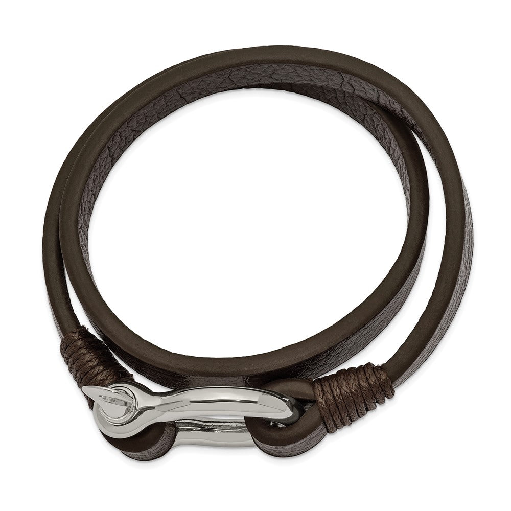 Alternate view of the Stainless Steel, Black or Brown Leather Shackle Wrap Bracelet, 16 Inch by The Black Bow Jewelry Co.