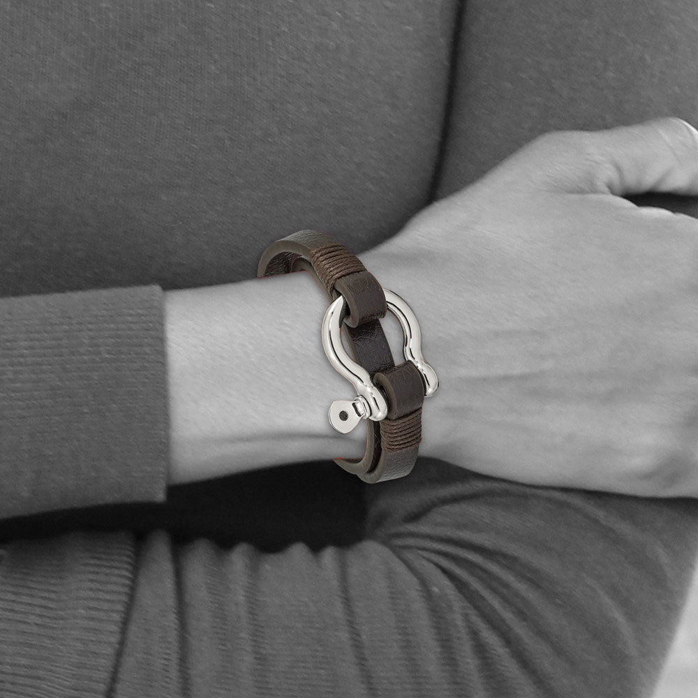 Alternate view of the Stainless Steel &amp; Brown Leather Shackle Wrap Bracelet, 16 Inch by The Black Bow Jewelry Co.