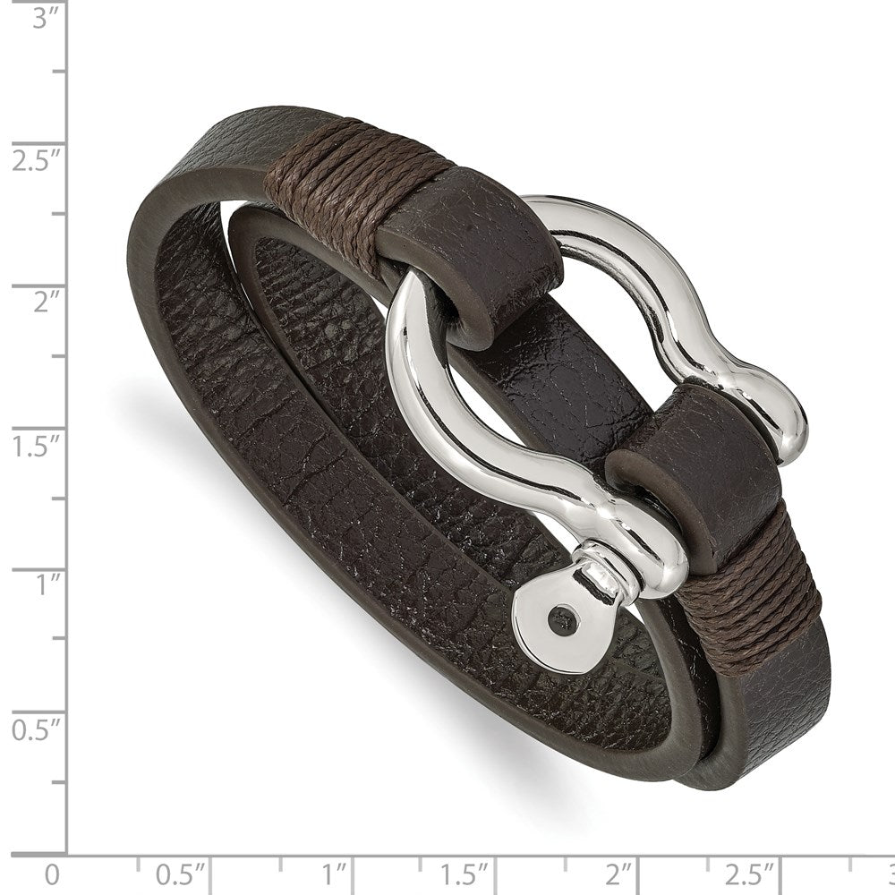 Alternate view of the Stainless Steel &amp; Brown Leather Shackle Wrap Bracelet, 16 Inch by The Black Bow Jewelry Co.