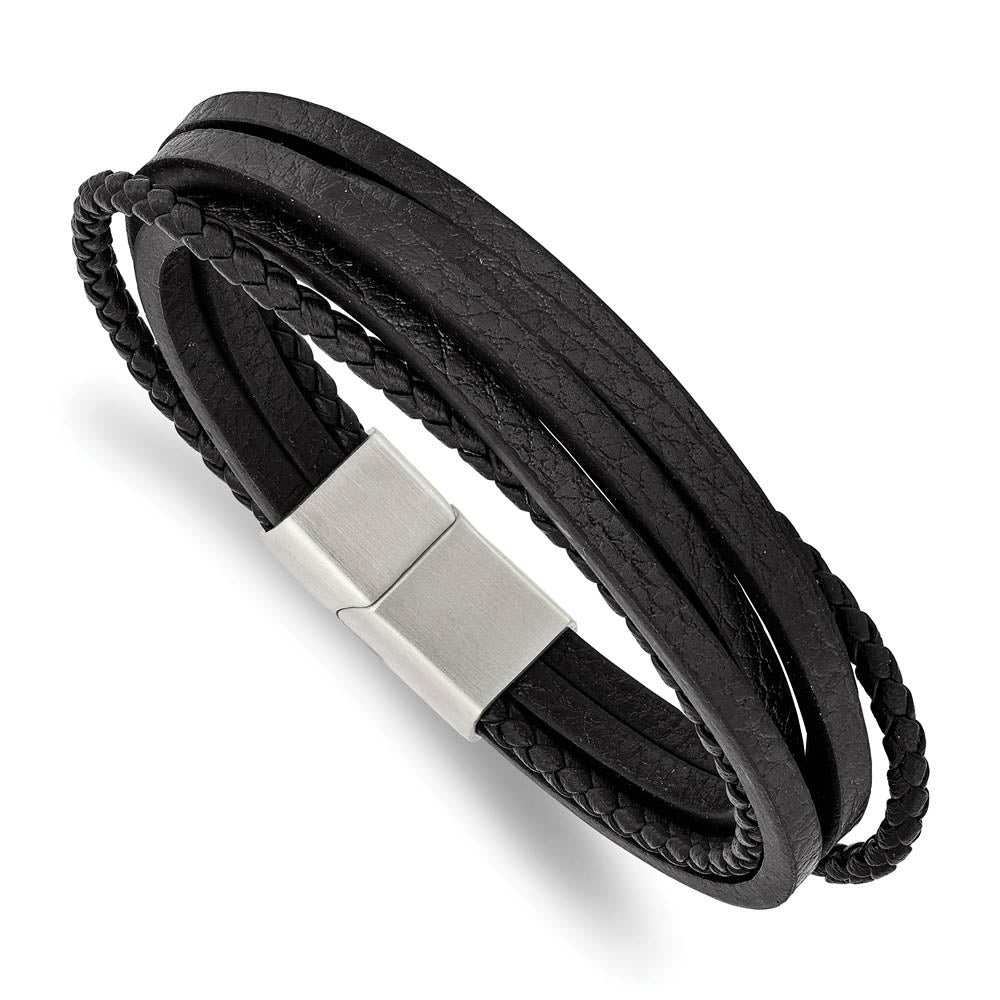 Stainless Steel & Genuine Black Leather Multi Strand Bracelet, 8 Inch, Item B18572-BLK by The Black Bow Jewelry Co.