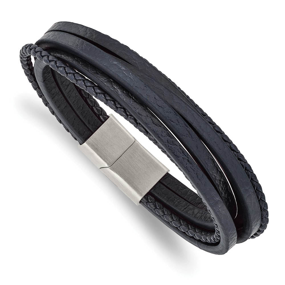 Alternate view of the Stainless Steel & Genuine Leather Multi Strand Bracelet, 8 Inch by The Black Bow Jewelry Co.