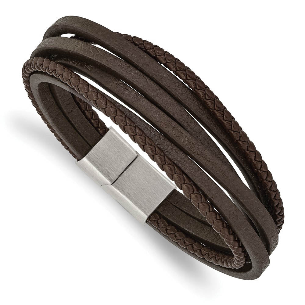 Stainless Steel & Genuine Brown Leather Multi Strand Bracelet, 8 Inch, Item B18572-BRN by The Black Bow Jewelry Co.