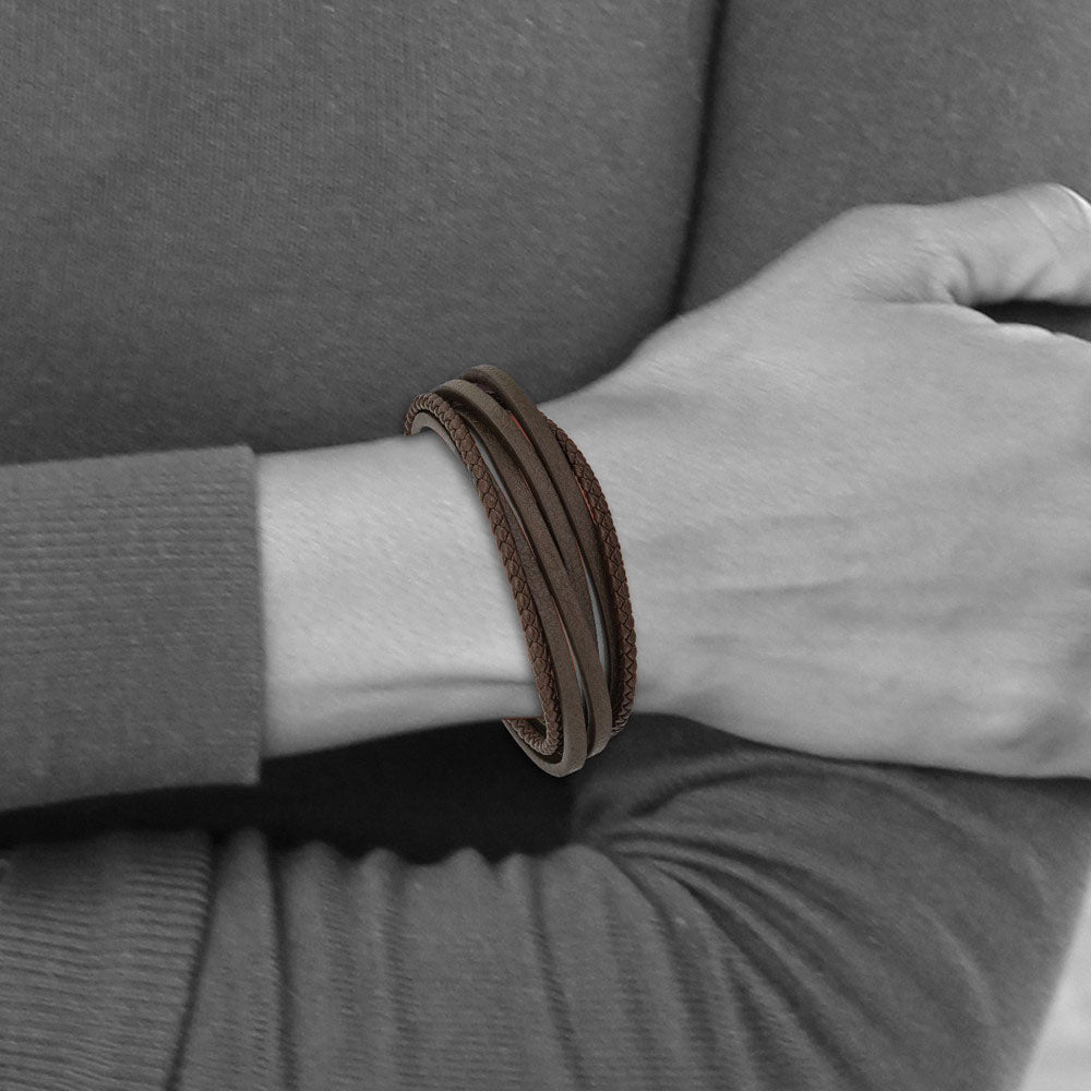Alternate view of the Stainless Steel &amp; Genuine Brown Leather Multi Strand Bracelet, 8 Inch by The Black Bow Jewelry Co.