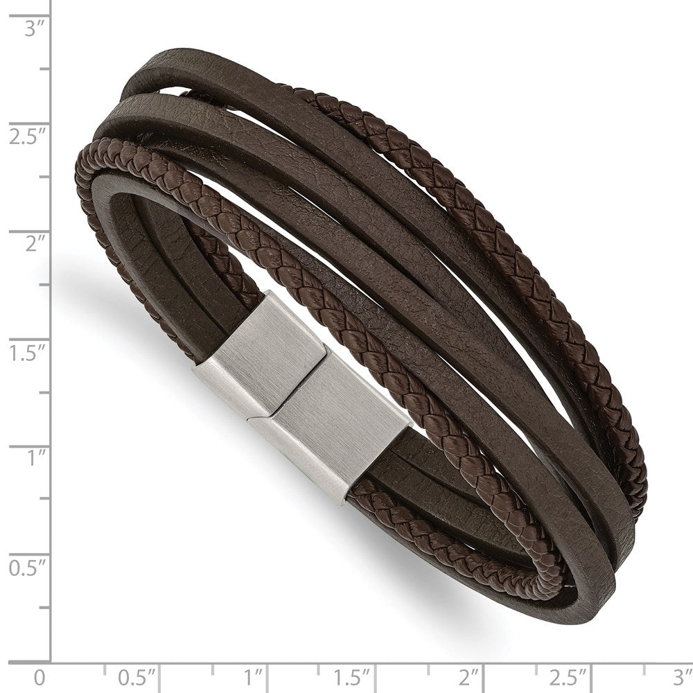 Alternate view of the Stainless Steel &amp; Genuine Brown Leather Multi Strand Bracelet, 8 Inch by The Black Bow Jewelry Co.
