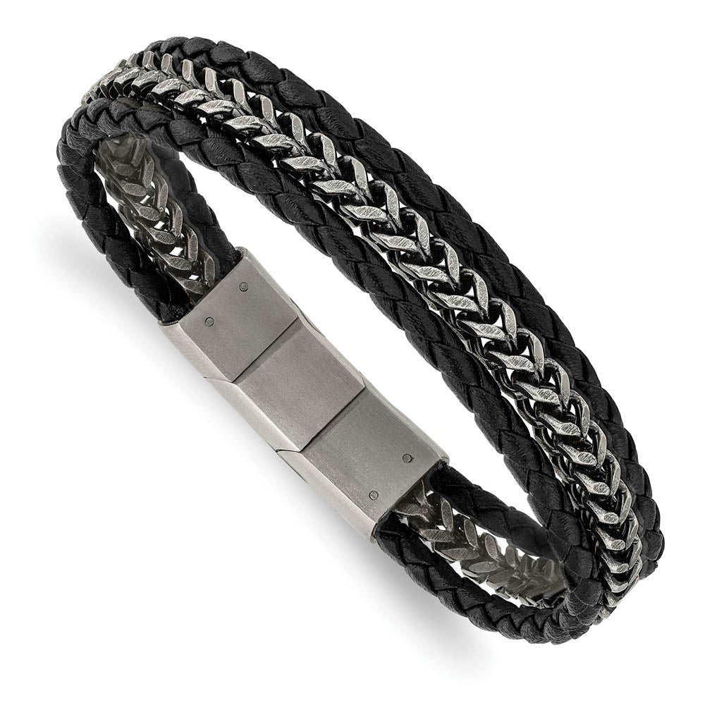 Stainless Steel Black or Brown Leather Strand Bracelet, 7.75-8.25 Inch, Item B18573 by The Black Bow Jewelry Co.