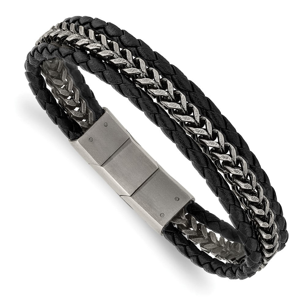 Stainless Steel Black Leather Antiqued Strand Bracelet, 7.75-8.25 Inch, Item B18573-BLK by The Black Bow Jewelry Co.