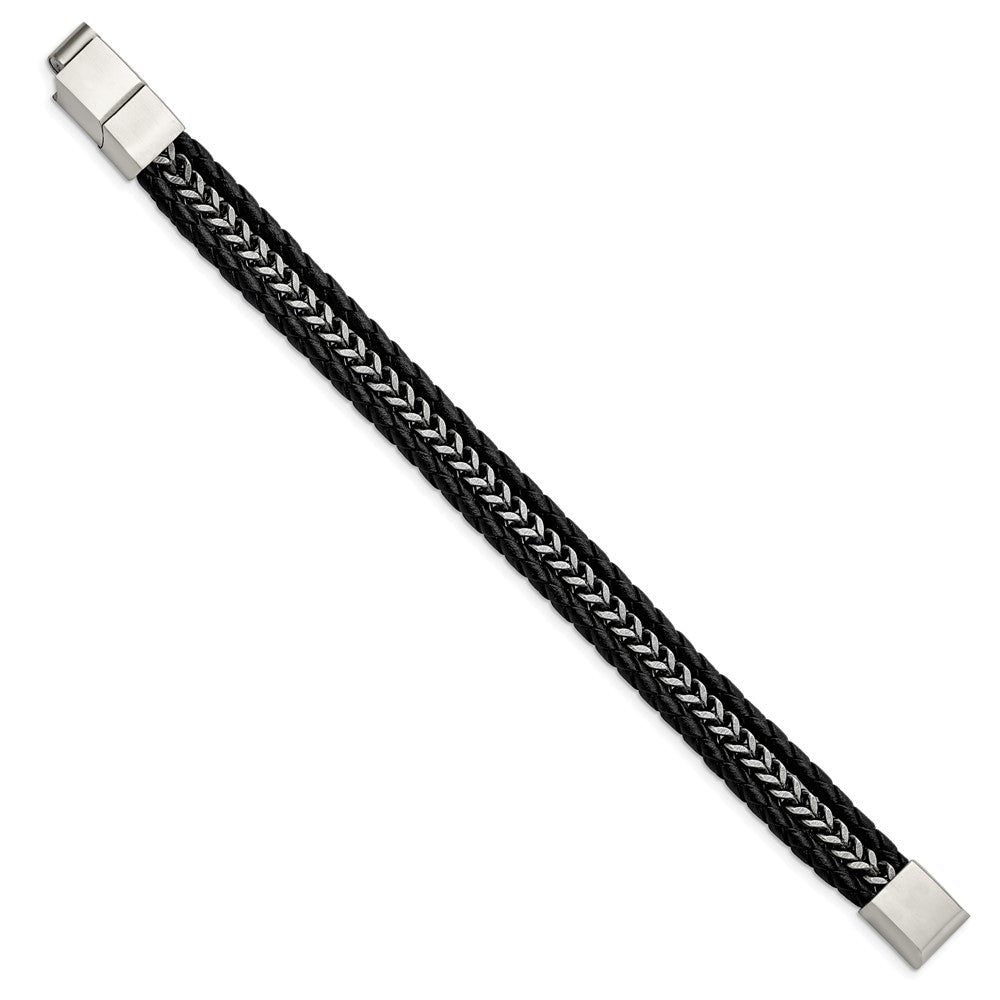 Alternate view of the Stainless Steel Black Leather Antiqued Strand Bracelet, 7.75-8.25 Inch by The Black Bow Jewelry Co.