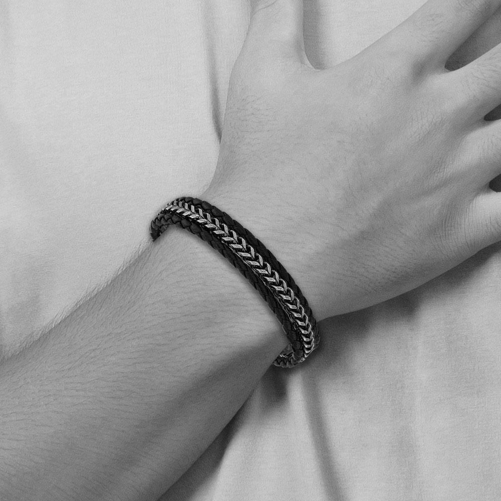 Alternate view of the Stainless Steel Black Leather Antiqued Strand Bracelet, 7.75-8.25 Inch by The Black Bow Jewelry Co.