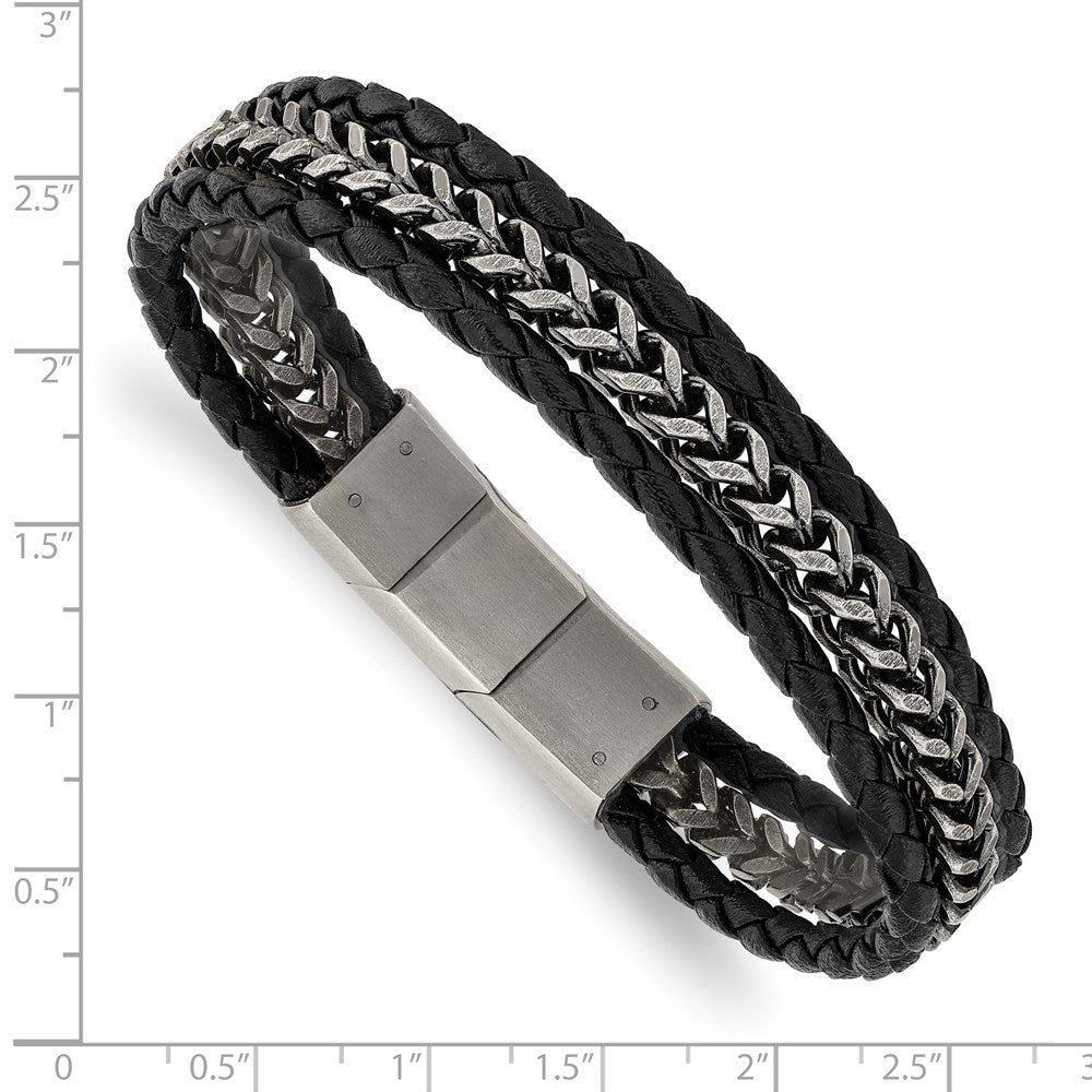Alternate view of the Stainless Steel Black Leather Antiqued Strand Bracelet, 7.75-8.25 Inch by The Black Bow Jewelry Co.