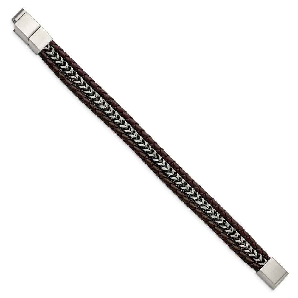Alternate view of the Stainless Steel Black or Brown Leather Strand Bracelet, 7.75-8.25 Inch by The Black Bow Jewelry Co.