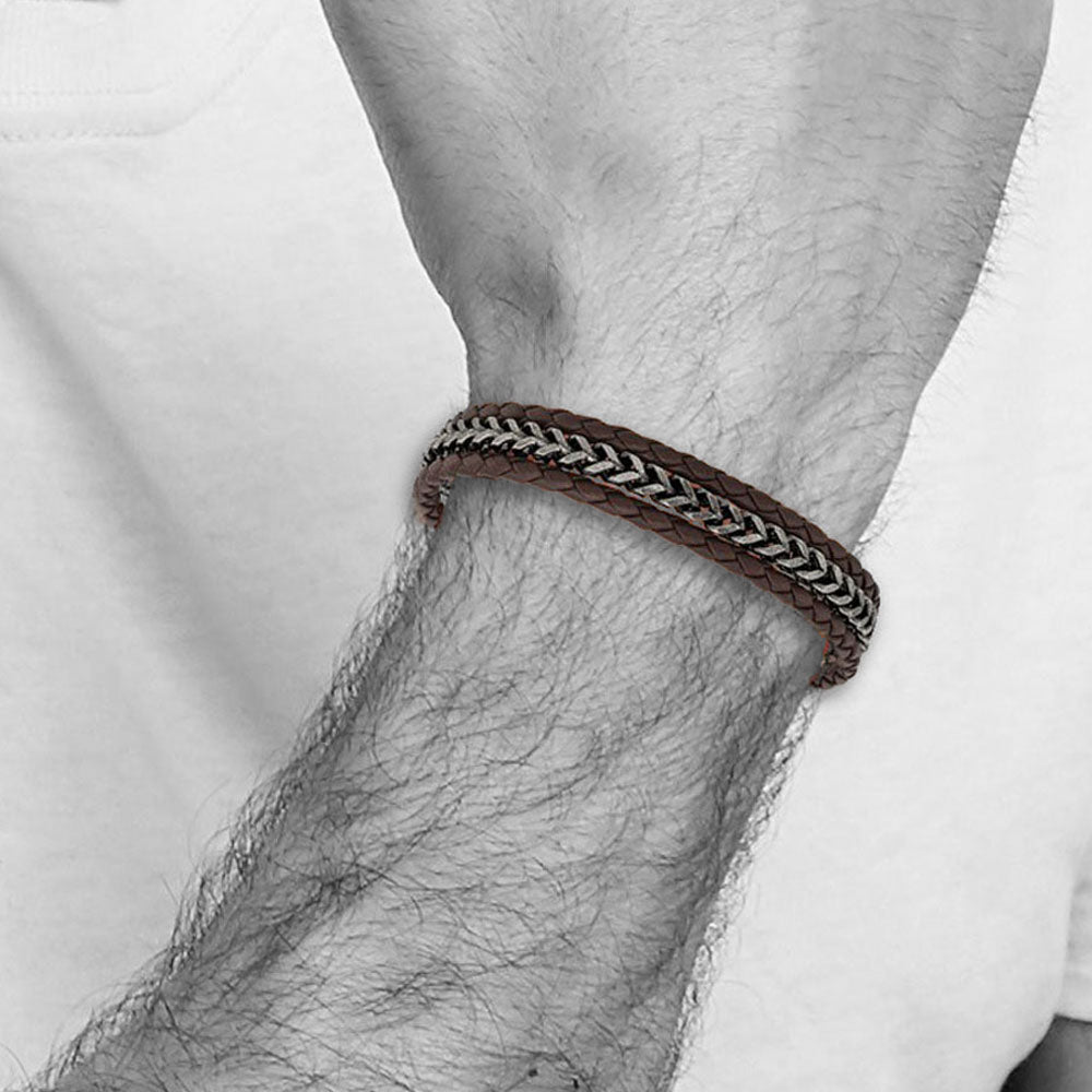 Alternate view of the Stainless Steel Brown Leather Antiqued Strand Bracelet, 7.75-8.25 Inch by The Black Bow Jewelry Co.