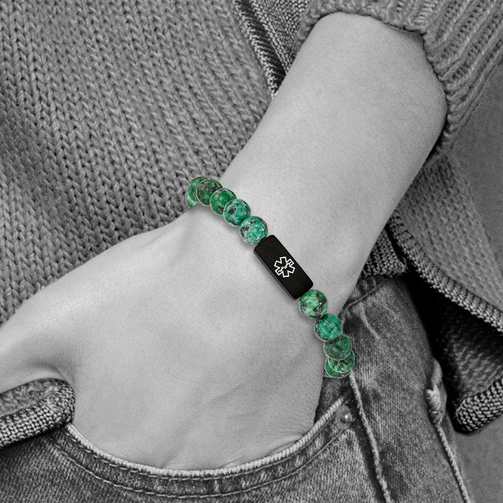 Alternate view of the BP Stainless Steel Green Stone Enamel Medical I.D. Stretch Bracelet by The Black Bow Jewelry Co.