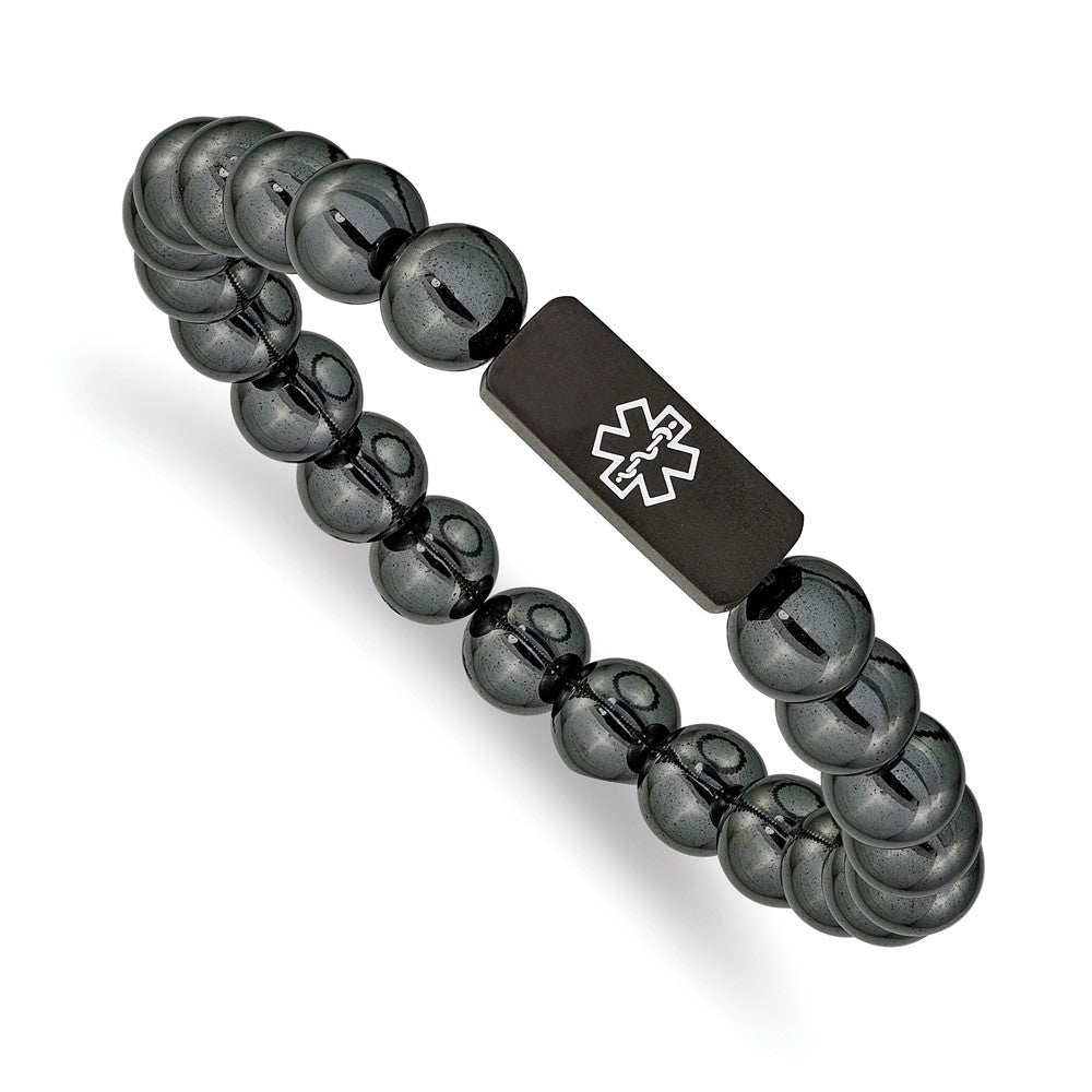 8mm Stainless Steel Hematite Enamel Medical I.D. Stretch Bracelet, Item B18575 by The Black Bow Jewelry Co.