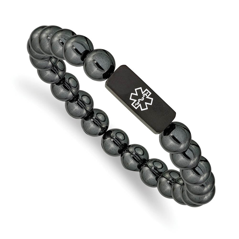 8mm BP Stainless Steel Hematite Enamel Medical I.D. Stretch Bracelet, Item B18575-BP by The Black Bow Jewelry Co.