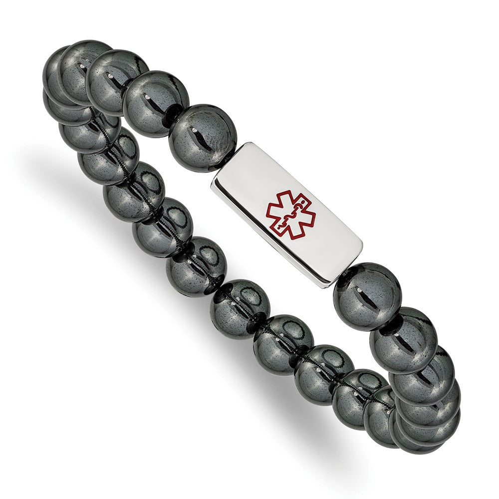 8mm Stainless Steel Hematite Red Enamel Medical I.D. Stretch Bracelet, Item B18575-STS by The Black Bow Jewelry Co.