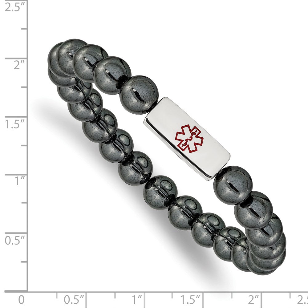 Alternate view of the 8mm Stainless Steel Hematite Red Enamel Medical I.D. Stretch Bracelet by The Black Bow Jewelry Co.