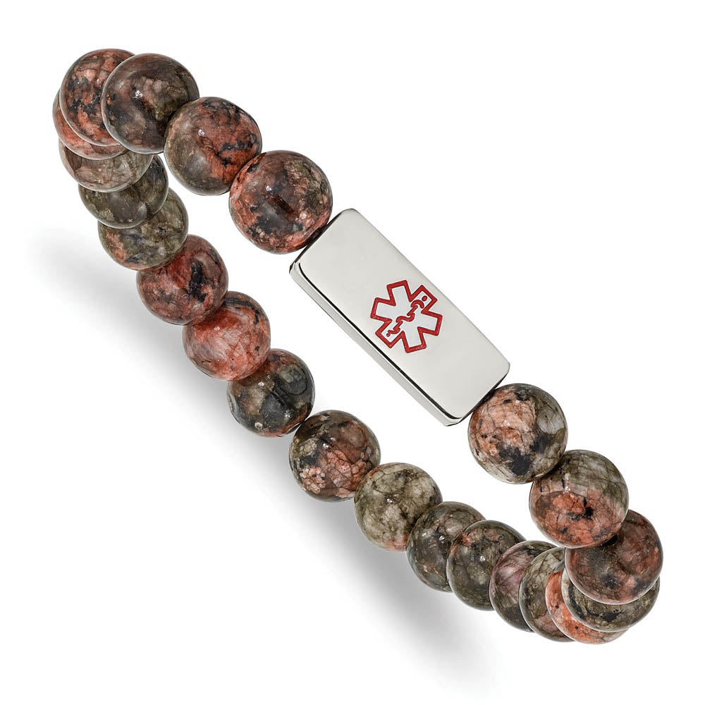 8.5mm Stainless Steel Poppy Jasper Bead Medical I.D. Stretch Bracelet, Item B18576-RED by The Black Bow Jewelry Co.