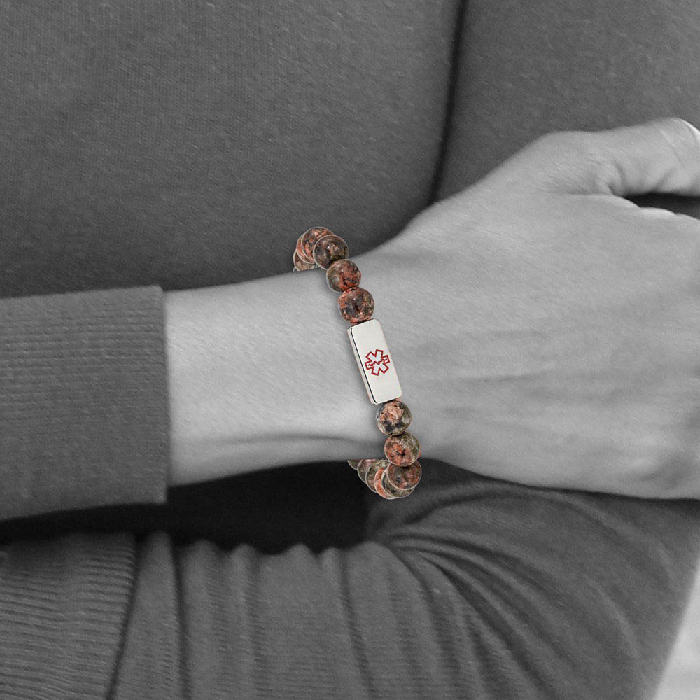 Alternate view of the 8.5mm Stainless Steel Jasper Bead Enamel Medical I.D. Stretch Bracelet by The Black Bow Jewelry Co.