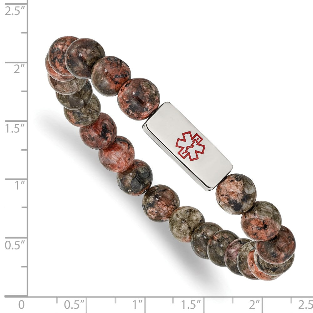 Alternate view of the 8.5mm Stainless Steel Poppy Jasper Bead Medical I.D. Stretch Bracelet by The Black Bow Jewelry Co.