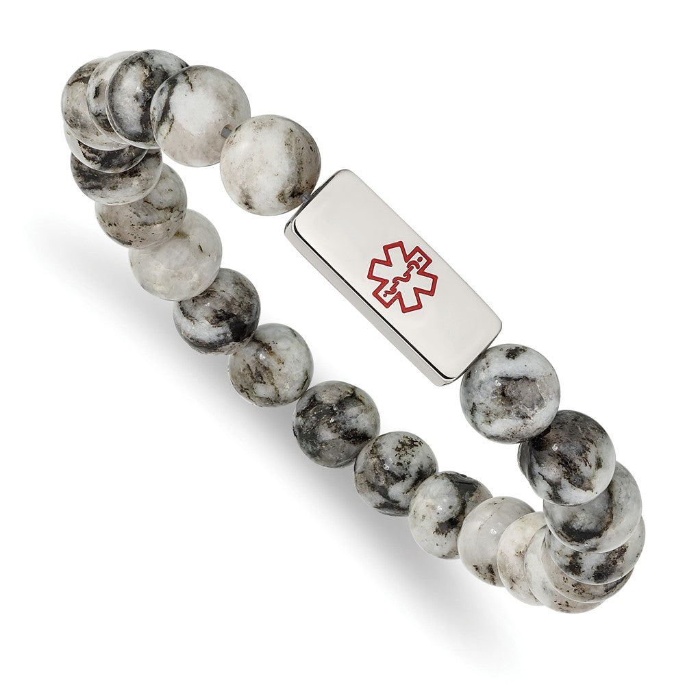 Alternate view of the 8.5mm Stainless Steel Jasper Bead Enamel Medical I.D. Stretch Bracelet by The Black Bow Jewelry Co.