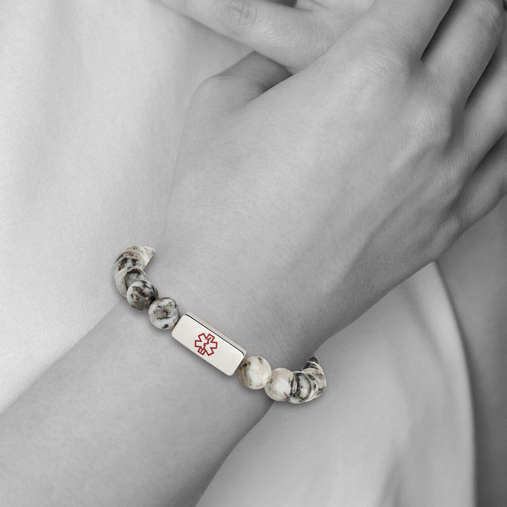 Alternate view of the 8.5mm Stainless Steel Jasper Bead Enamel Medical I.D. Stretch Bracelet by The Black Bow Jewelry Co.