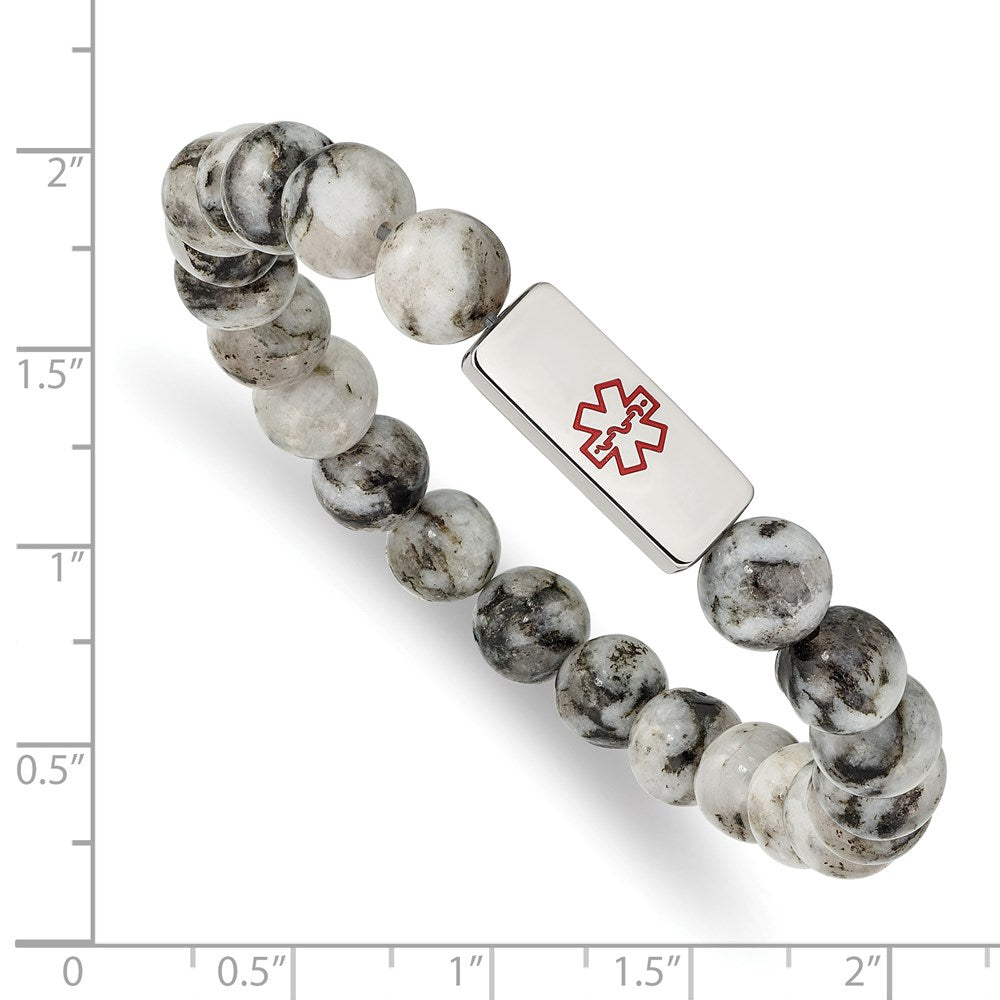 Alternate view of the 8.5mm Stainless Steel Lotus Jasper Bead Medical I.D. Stretch Bracelet by The Black Bow Jewelry Co.