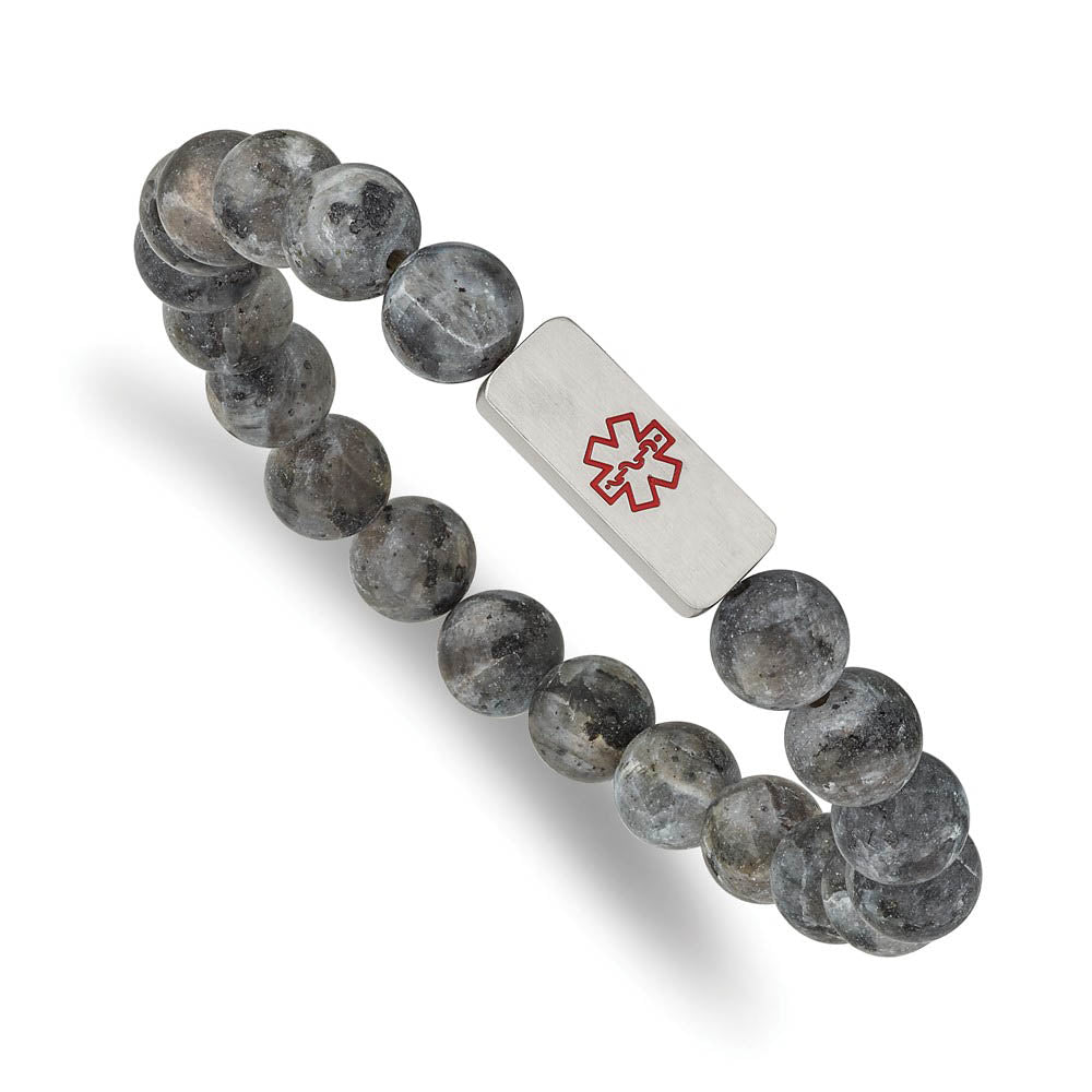 8.5mm Stainless Steel Labradorite Bead Medical I.D. Stretch Bracelet, Item B18577-LAB by The Black Bow Jewelry Co.