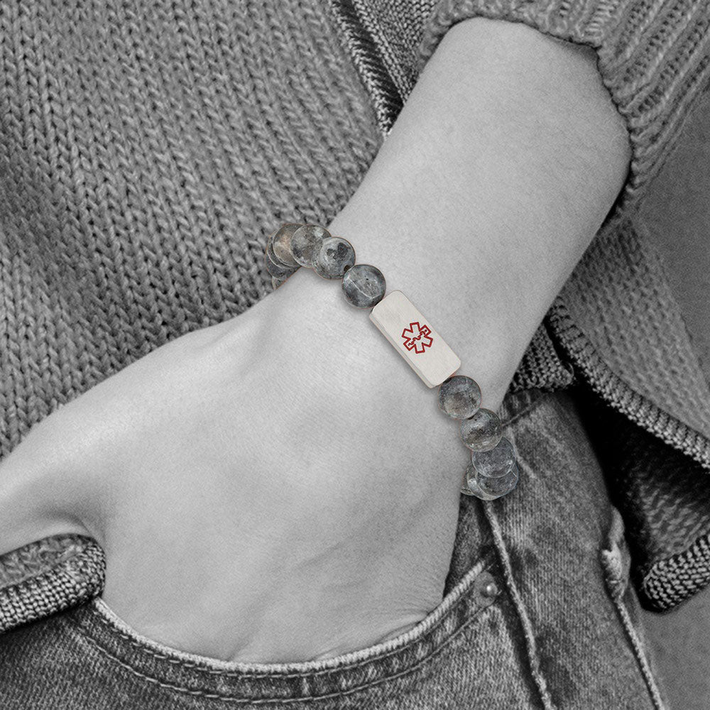 Alternate view of the 8.5mm Stainless Steel Gemstone Brushed Medical I.D. Stretch Bracelet by The Black Bow Jewelry Co.