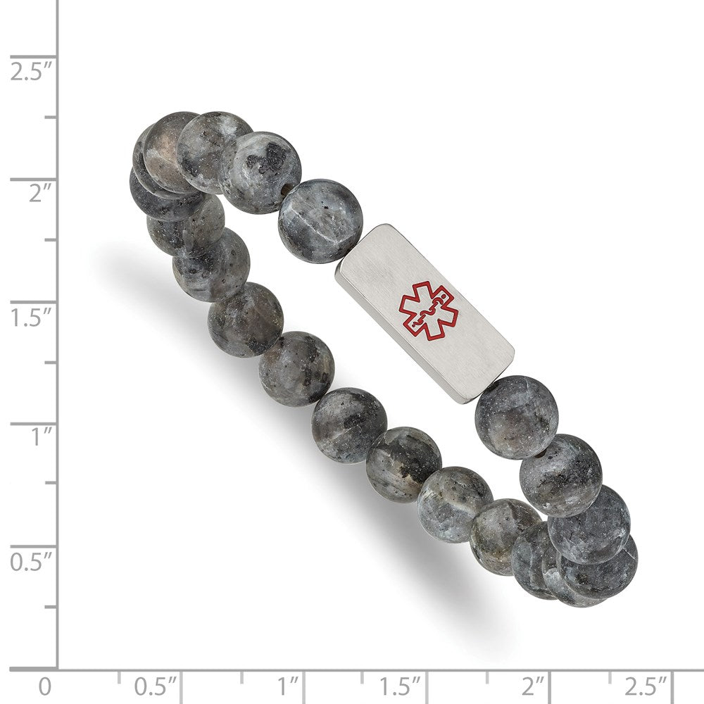 Alternate view of the 8.5mm Stainless Steel Labradorite Bead Medical I.D. Stretch Bracelet by The Black Bow Jewelry Co.
