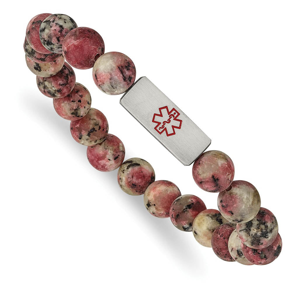 Alternate view of the 8.5mm Stainless Steel Gemstone Brushed Medical I.D. Stretch Bracelet by The Black Bow Jewelry Co.