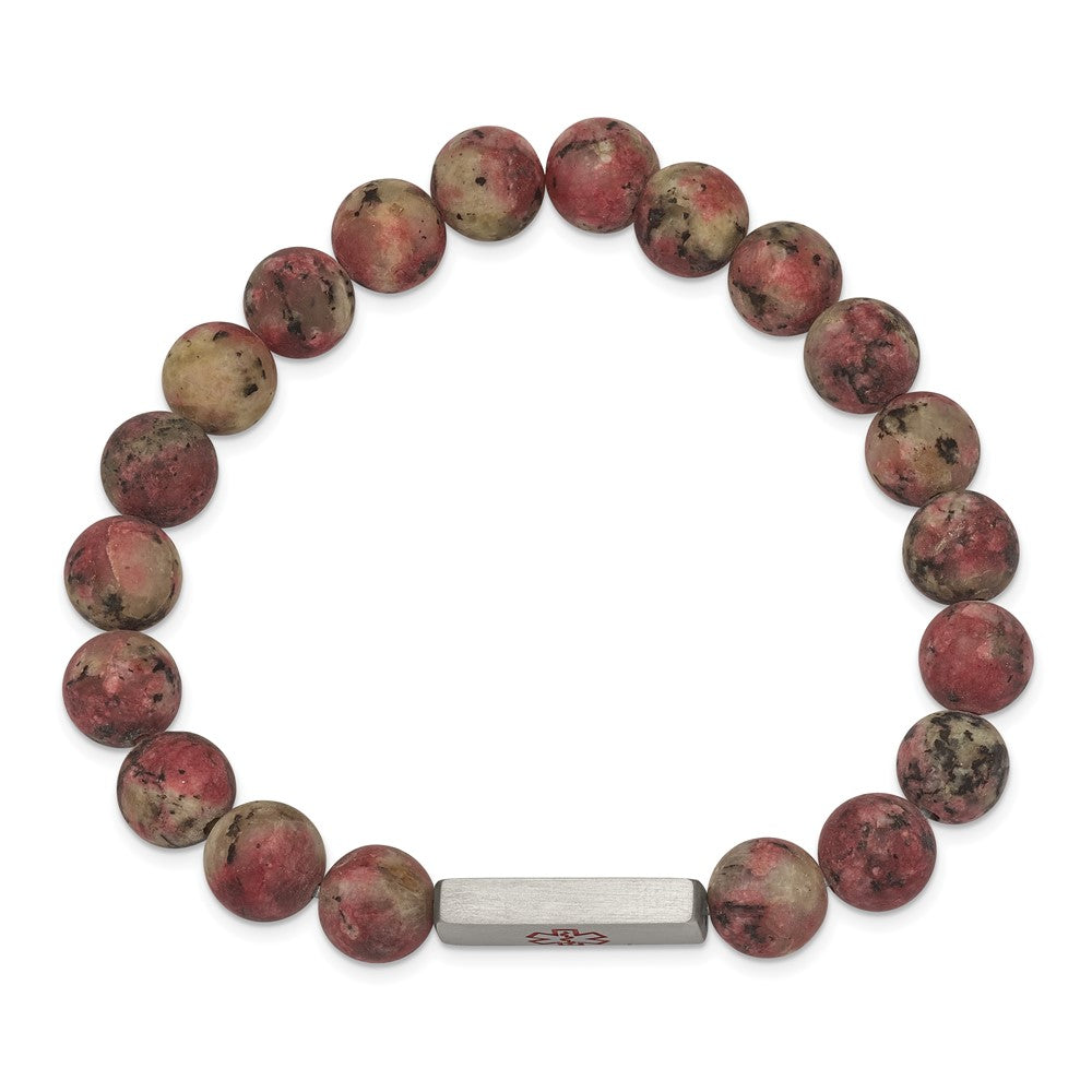 Alternate view of the 8.5mm Stainless Steel Rhodochrosite Bead Medical I.D. Stretch Bracelet by The Black Bow Jewelry Co.