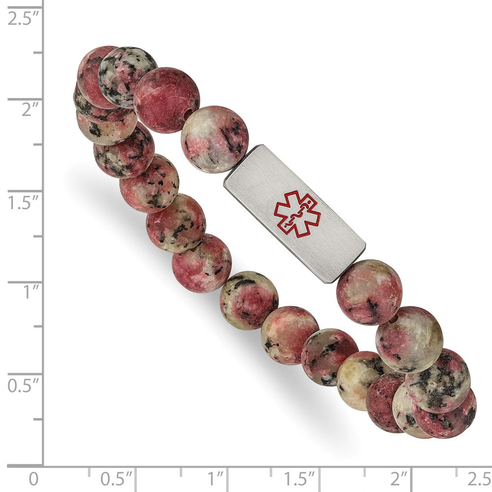 Alternate view of the 8.5mm Stainless Steel Rhodochrosite Bead Medical I.D. Stretch Bracelet by The Black Bow Jewelry Co.