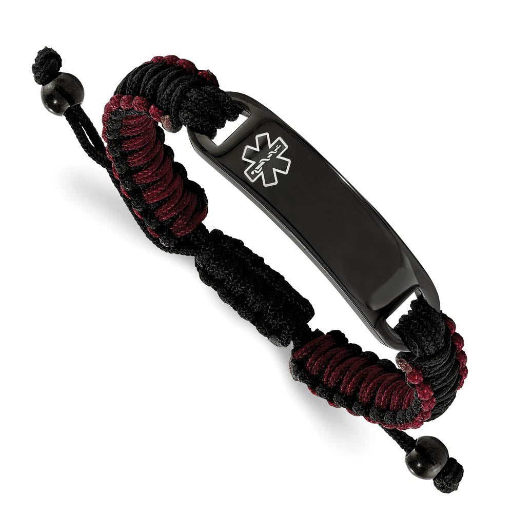 Black Plated Steel & Black/Red Nylon Medical I.D. Bracelet, 7.5-9.5 In, Item B18578-RED by The Black Bow Jewelry Co.