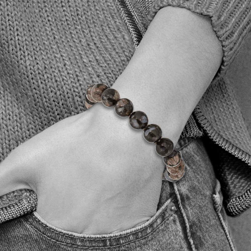 Alternate view of the 10mm Black and Brown Agate Beaded Stretch Bracelet, 6.5 Inch by The Black Bow Jewelry Co.