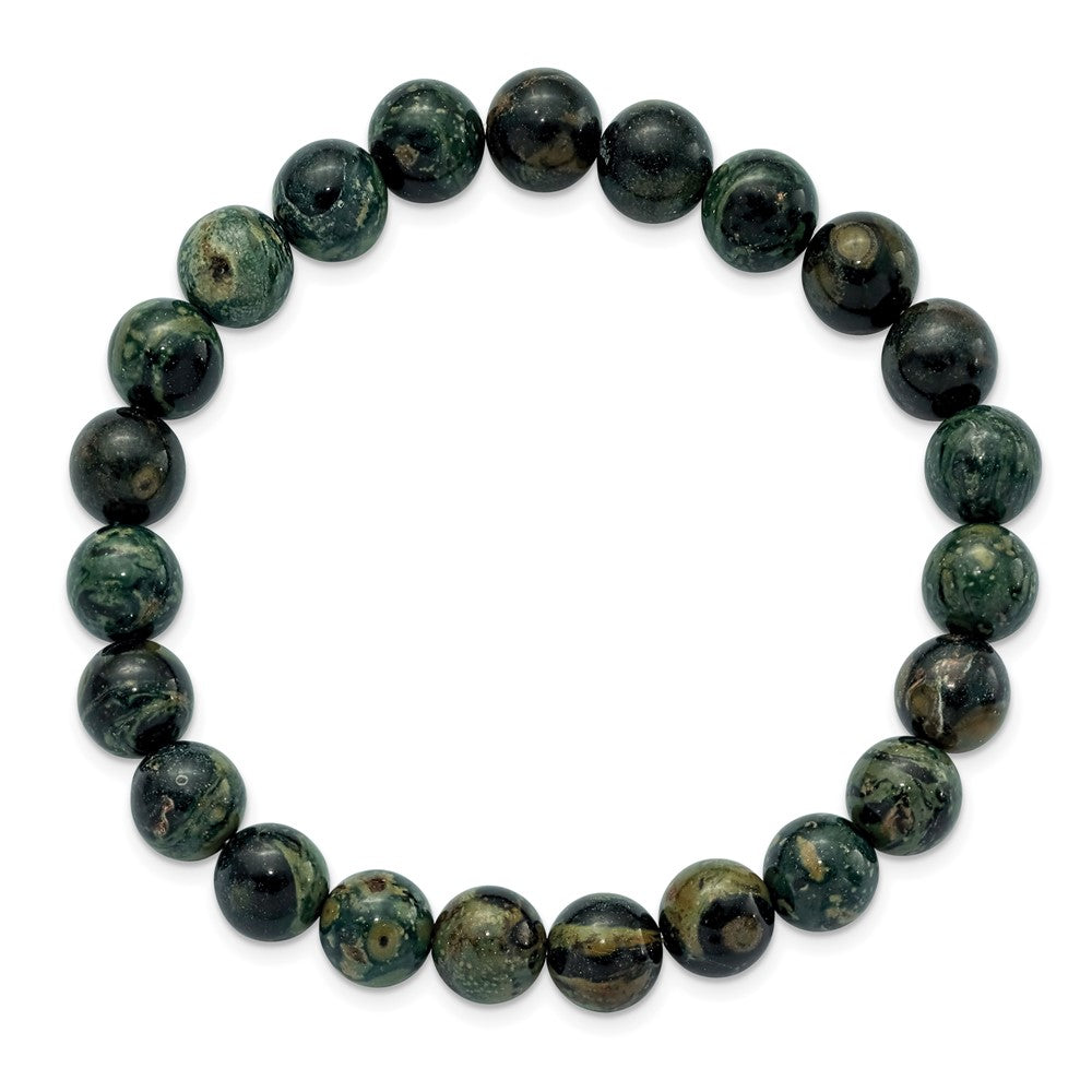 Alternate view of the 8mm Green Eye Agate Beaded Stretch Bracelet, 6.75 Inch by The Black Bow Jewelry Co.