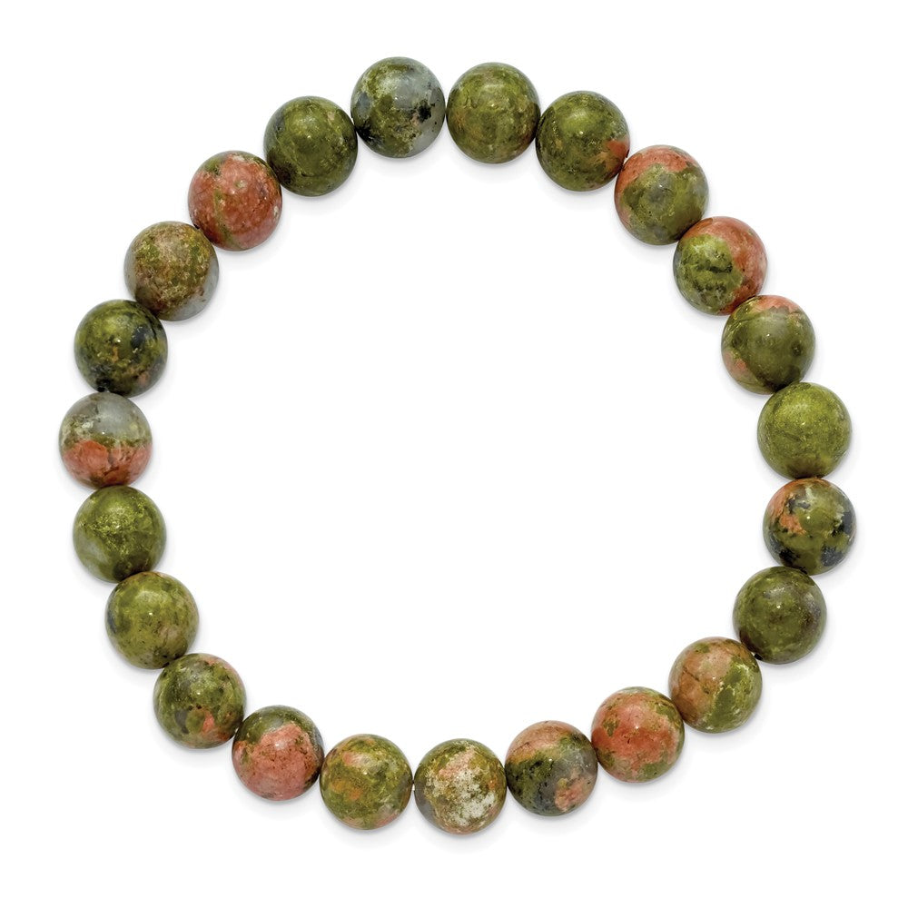 Alternate view of the 8mm Unakite Green Agate Beaded Stretch Bracelet, 6.75 Inch by The Black Bow Jewelry Co.