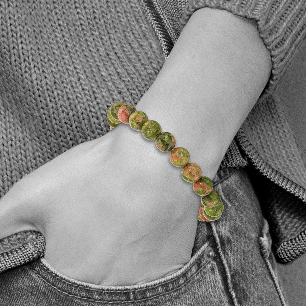 Alternate view of the 8mm Unakite Green Agate Beaded Stretch Bracelet, 6.75 Inch by The Black Bow Jewelry Co.