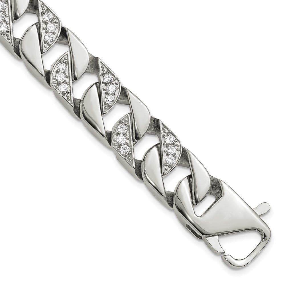 Men's 13mm Stainless Steel & CZ Curb Chain Bracelet, 8.5 Inch, Item B18593 by The Black Bow Jewelry Co.